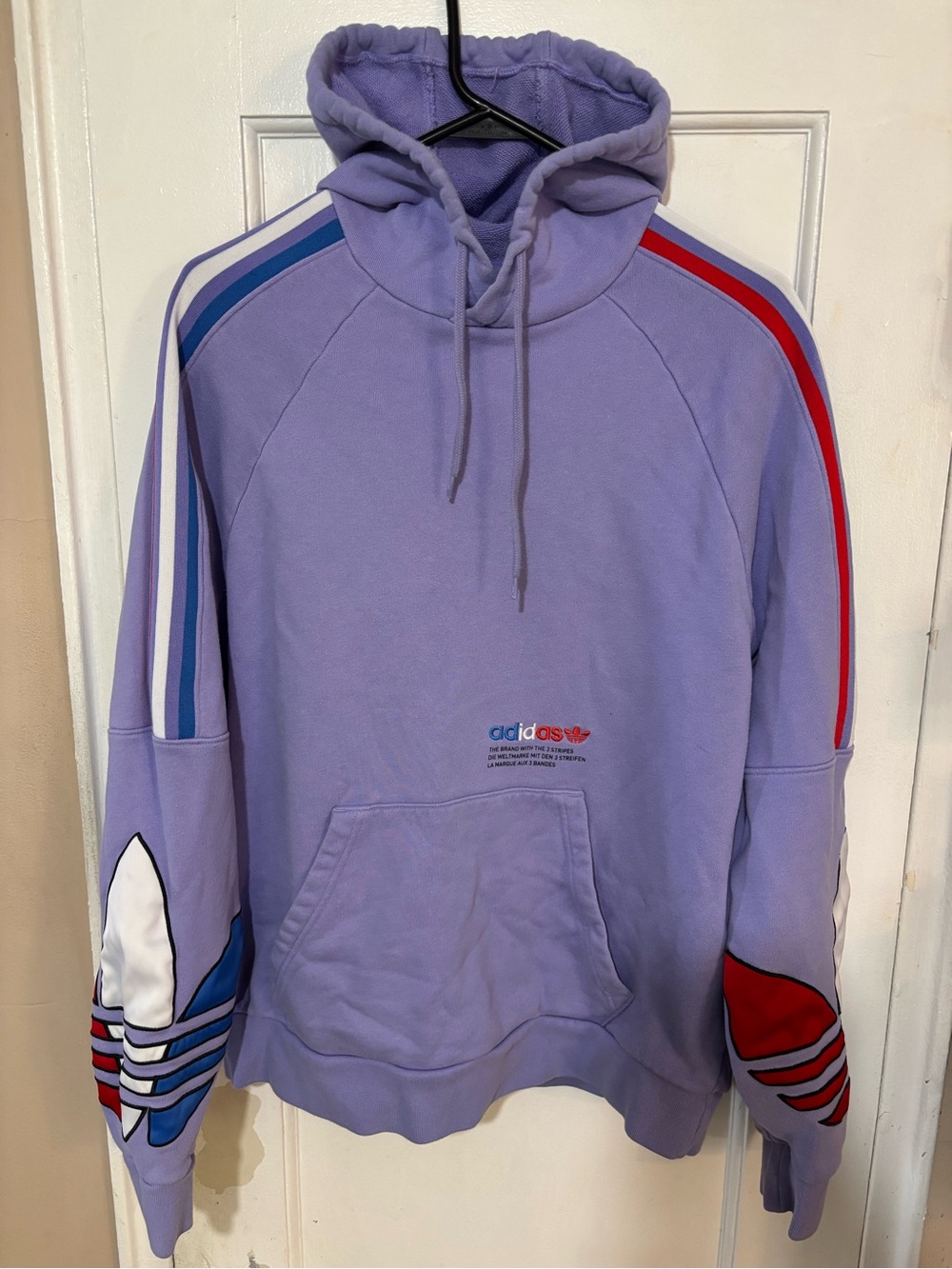 adidas Lavender Hoodie with Blue and Red Stripe Accents